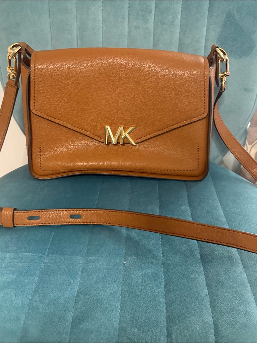 Michael Kors Sylvia Tan Leather MK Logo Crossbody Bag